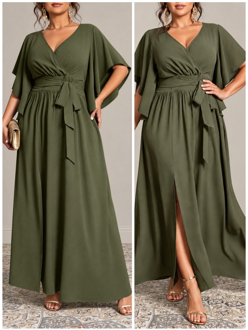 New PLUS Olive Green Wrap Maxi Dress Belt Tie Waist Flowy Sleeve